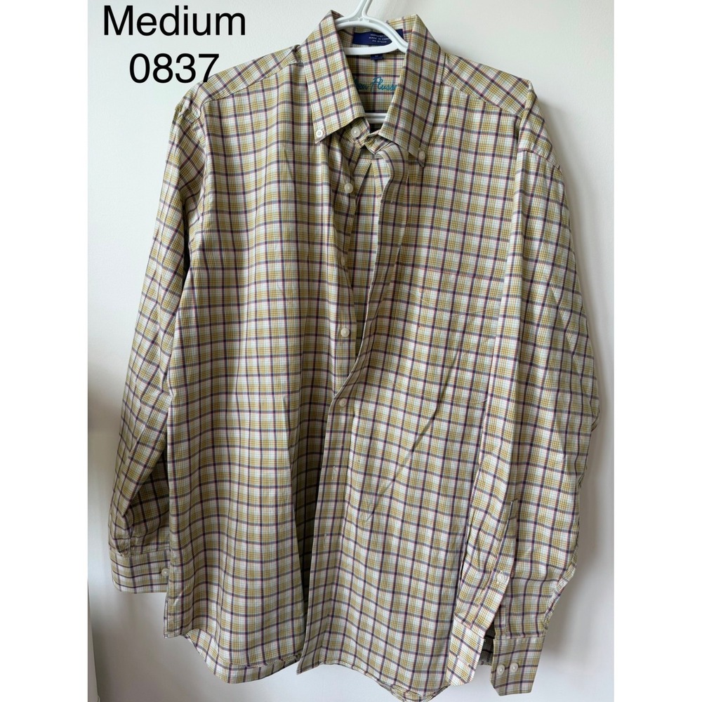 Alan Flusser Mens Medium Plaid Button Down Shirt Yellow Burgundy Cotton Long Slv